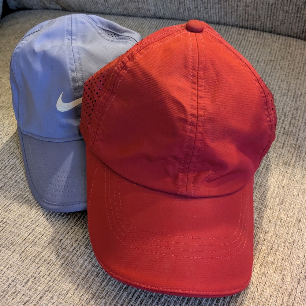 2 Nike Red and Light Purple Caps